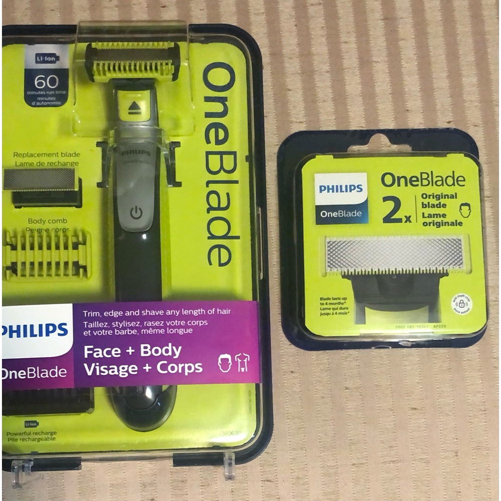 Phillips OneBlade Face & Body Rechargeable Trimmer &Blade Replacemnt 2Blade Pack
